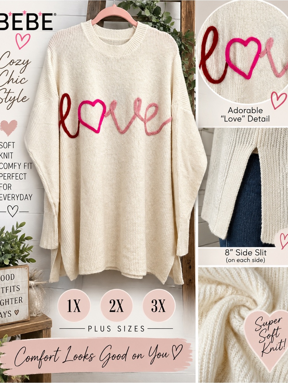 BiBi Cream Crewneck Sweater with Red and Pink 'Love' Embroidery